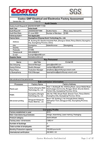 CE sertifikası otel koku difüzörü SCENTA Costco Audit certificate