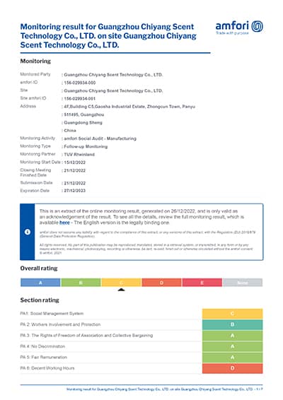 SCENTA BSCI certificate reference